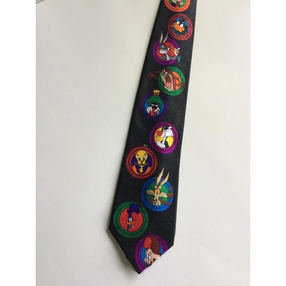 Looney Tunes Bugs Bunny Mens Tie Black Multi Color Circles Sylvester Tweety
